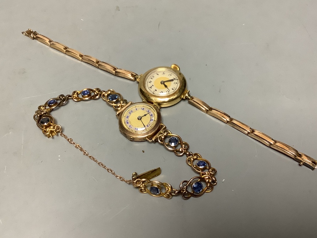 A lady's 1920's 18ct gold manual wind wrist watch, on a 15ct flexible strap, gross 21.3 grams, together with a similar 9ct gold wrist watch on a 14ct and gem set bracelet, gross 17.9 grams.